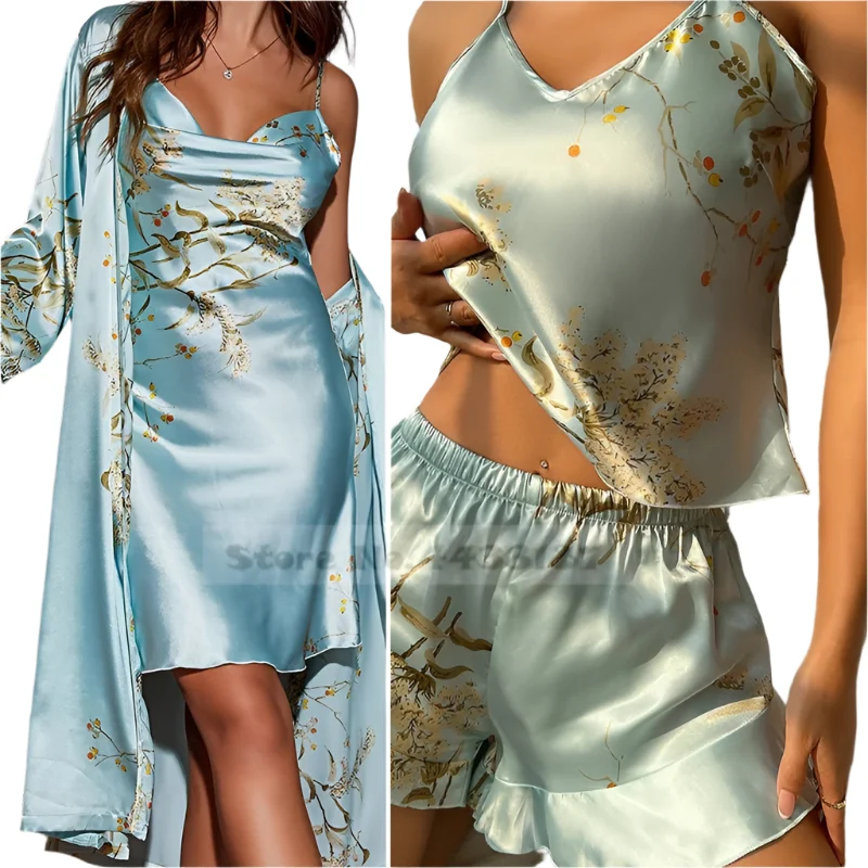 Satin-Bademantel-Set für Damen: Sexy bedruckter Kirsch-Satin-Bademantel, Nachthemd, 4-teilige Loungewear