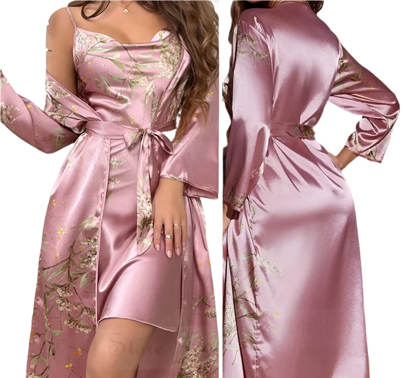 Satin-Bademantel-Set für Damen: Sexy bedruckter Kirsch-Satin-Bademantel, Nachthemd, 4-teilige Loungewear