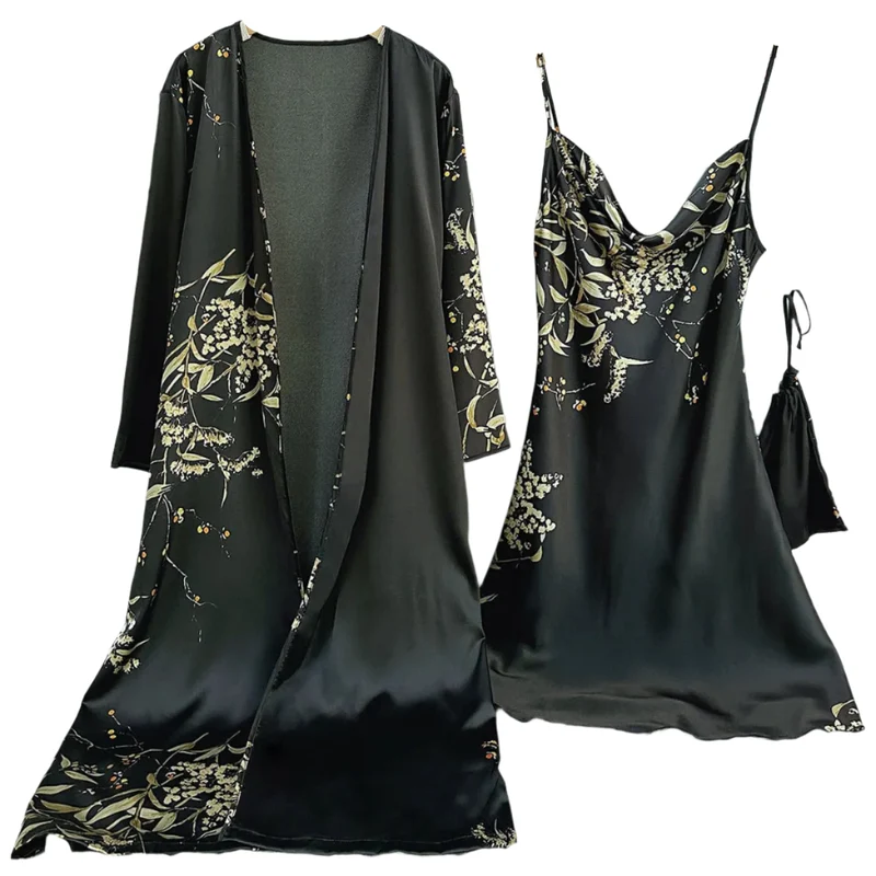 Attraktives Satin-Bademantel-Set für Damen mit Kirschblumenmuster