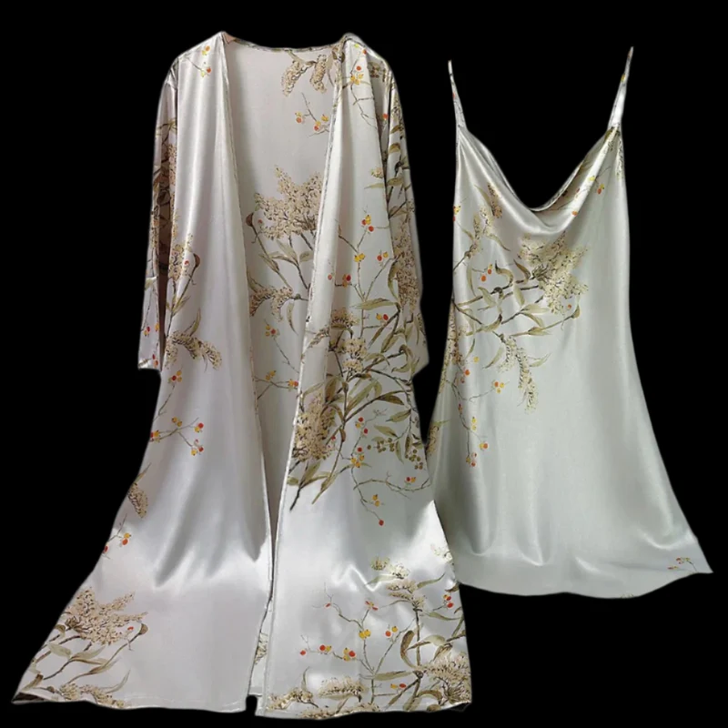 Attraktives Satin-Bademantel-Set für Damen mit Kirschblumenmuster