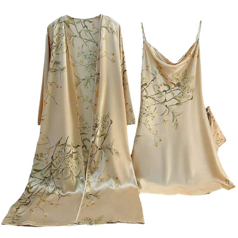 Attraktives Satin-Bademantel-Set für Damen mit Kirschblumenmuster