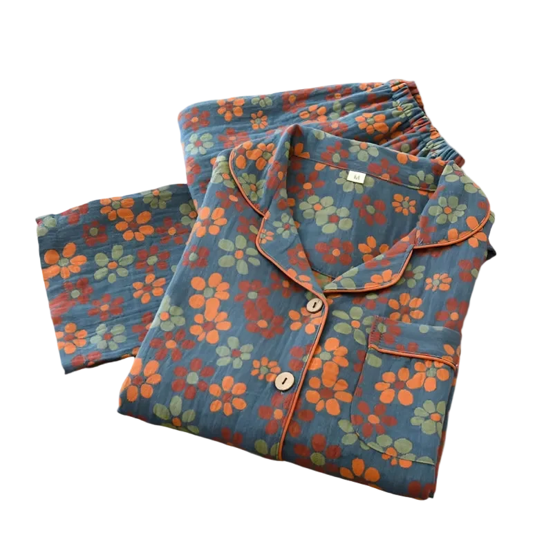 Damenpyjama-Set aus 100 % Baumwolle – Langärmeliges, garngefärbtes Jacquard-Set, 2-teilig