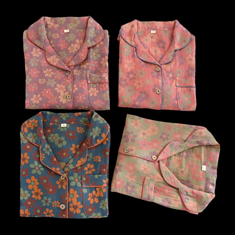 Damenpyjama-Set aus 100 % Baumwolle – Langärmeliges, garngefärbtes Jacquard-Set, 2-teilig