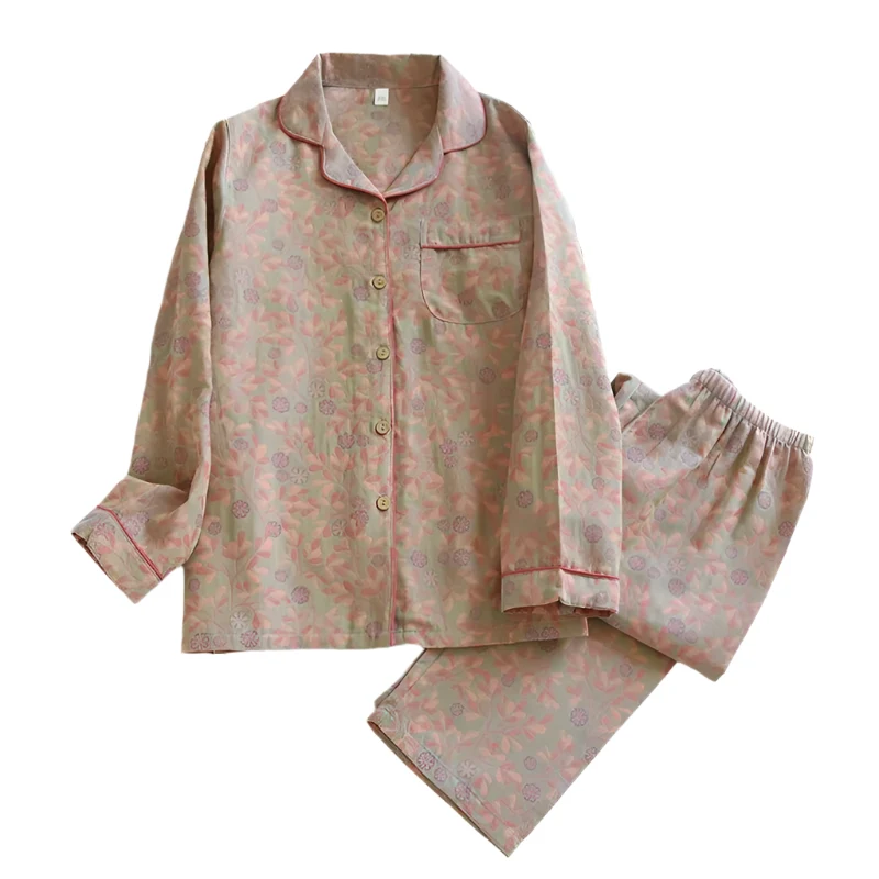 Damenpyjama-Set aus 100 % Baumwolle – Langärmeliges, garngefärbtes Jacquard-Set, 2-teilig