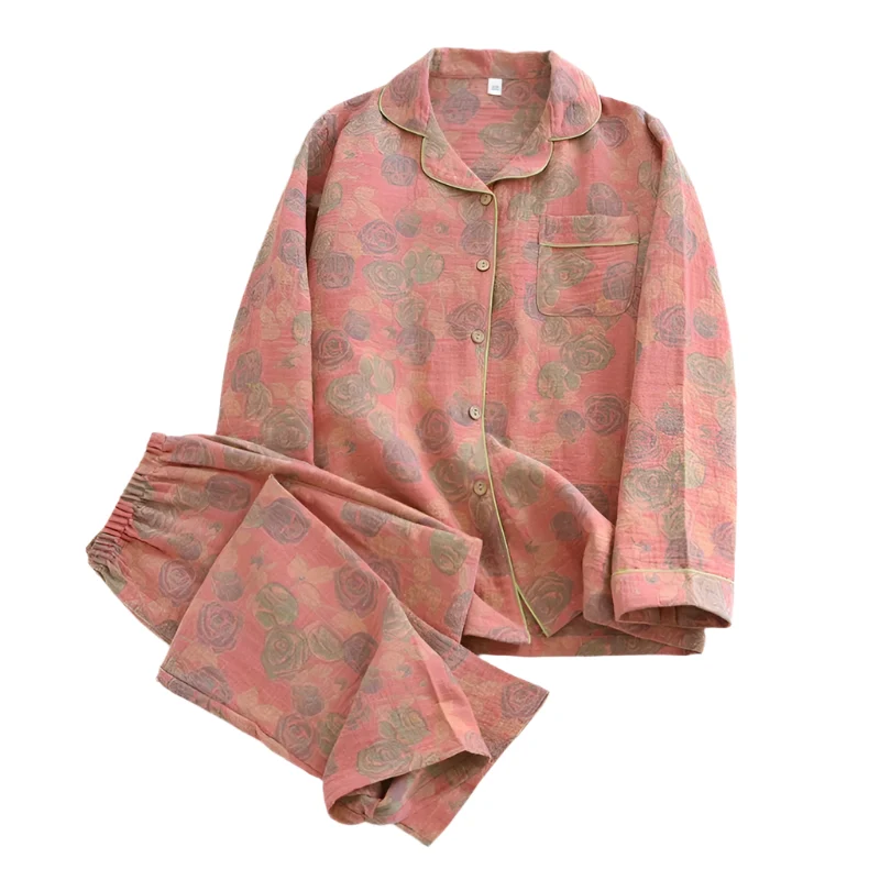 Damenpyjama-Set aus 100 % Baumwolle – Langärmeliges, garngefärbtes Jacquard-Set, 2-teilig