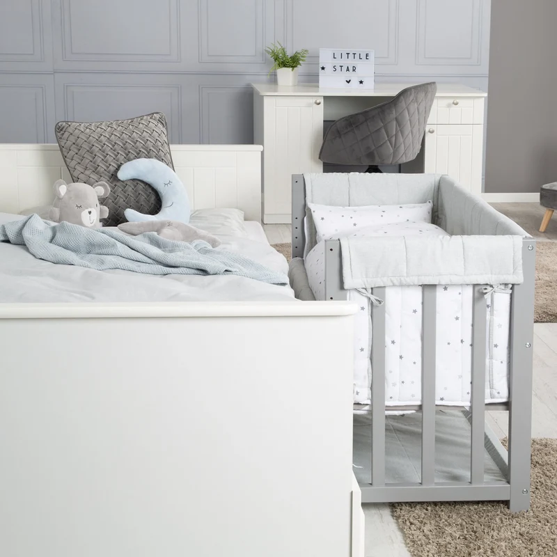 Stuben-/ Beistellbett "Sternzauber" – 3 in 1, Babybett grau, inkl. kompletten Bettzubehör