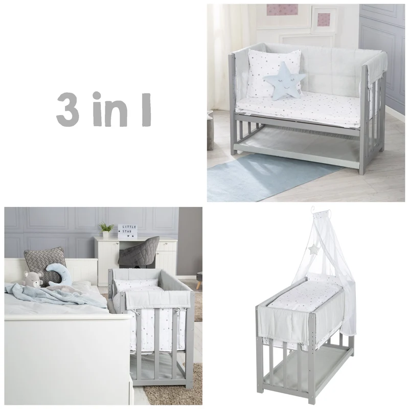 Stuben-/ Beistellbett "Sternzauber" – 3 in 1, Babybett grau, inkl. kompletten Bettzubehör