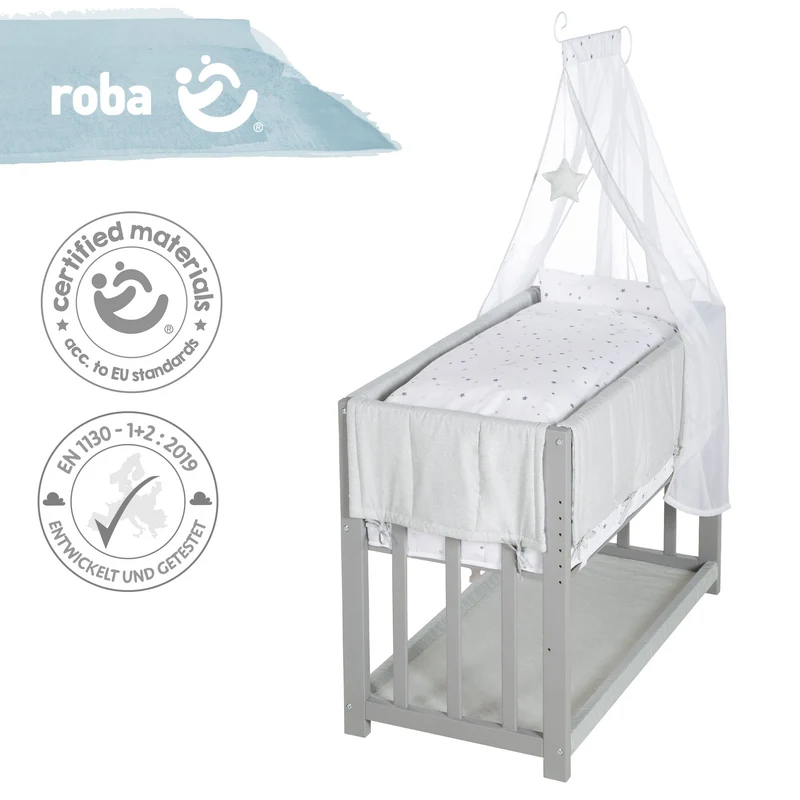 Stuben-/ Beistellbett "Sternzauber" – 3 in 1, Babybett grau, inkl. kompletten Bettzubehör