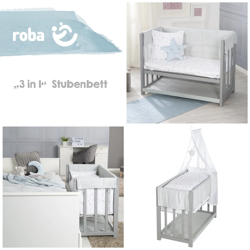 Stuben-/ Beistellbett "Sternzauber" – 3 in 1, Babybett grau, inkl. kompletten Bettzubehör