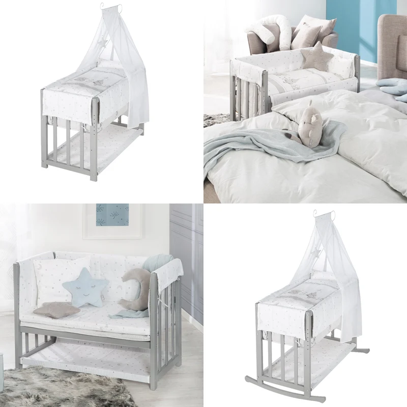 Stuben-/Beistellbett "Sternenzauber" – 4 in 1, Babybett, Wiege & Kinderbank, taupe