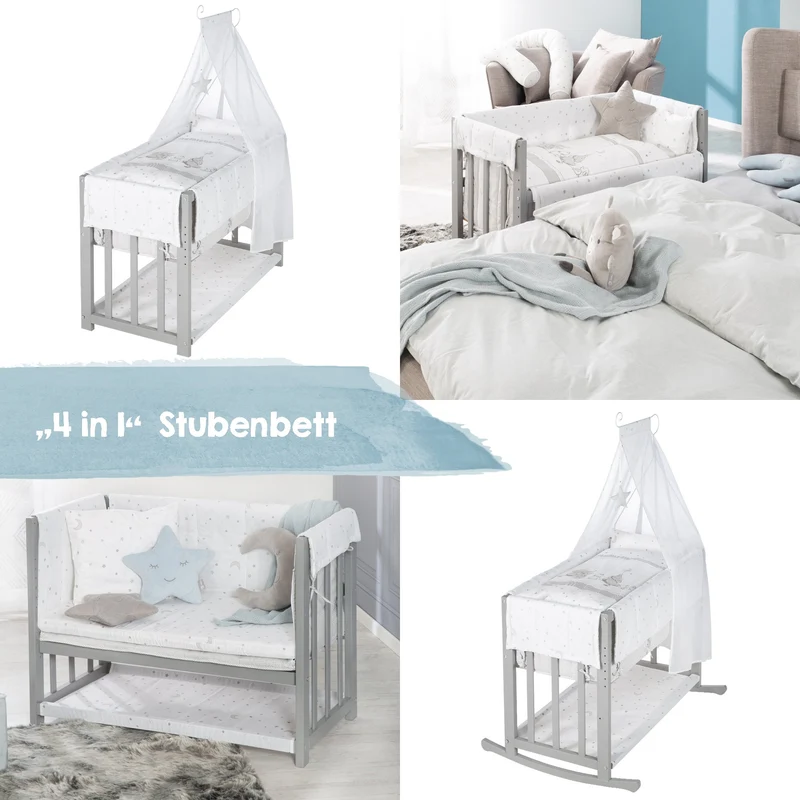 Stuben-/Beistellbett "Sternenzauber" – 4 in 1, Babybett, Wiege & Kinderbank, taupe