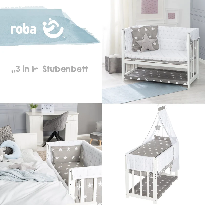 Stuben-/Beistellbett "Little Stars" – 3 in 1, Babybett weiß, inkl. kompletten Bettzubehör