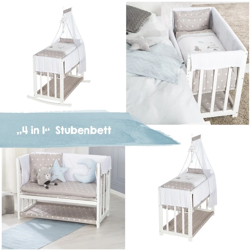Stuben- & Beistellbett "Indibär" – 4 in 1, Babybett, Wiege & Kinderbank