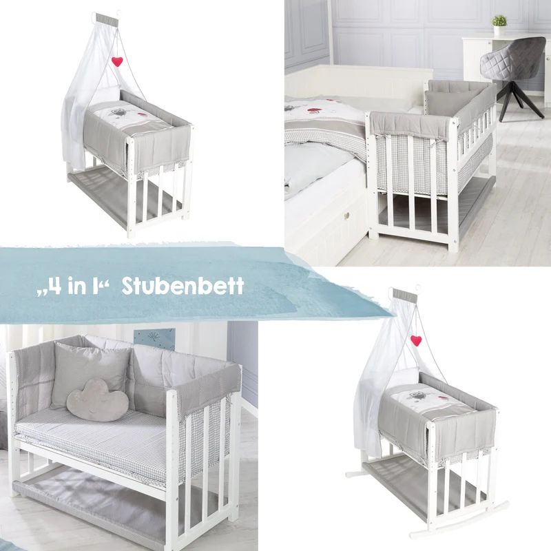 Stuben-/Beistellbett "Adam & Eule" – 4 in 1, Babybett, Wiege & Kinderbank