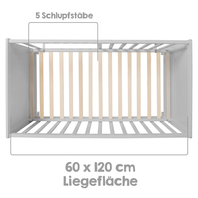 Beistellbett 60 x 120 cm – taupe, inkl. Lattenrost, Matratze & 5 Schlupfsprossen