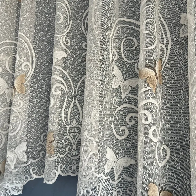 Küchenvorhang Schmetterlingsmuster Beige/elfenbeinweiß – mit Kräuselband (1 Stück)