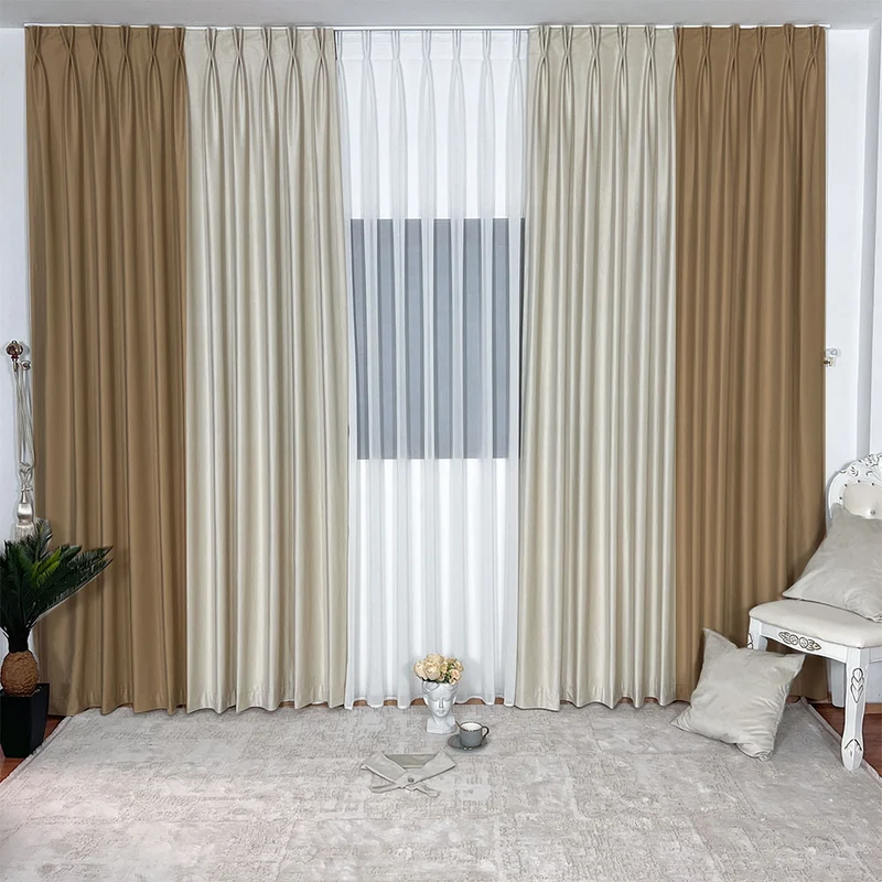 Duo-Samtvorhang – 80 % Lichtschutz, Beige-Elfenbein – mit Kräuselband (1 Stück)