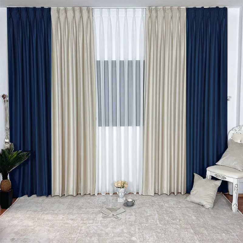 Duo-Samtvorhang – 80 % Lichtschutz, Marineblau-Elfenbein – mit Kräuselband (1 Stück)