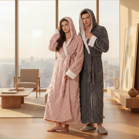 Warmer Kapuzenbademantel aus Polyester für Damen und Herren – Gemütlicher Kimono-Bademantel zum Entspannen
