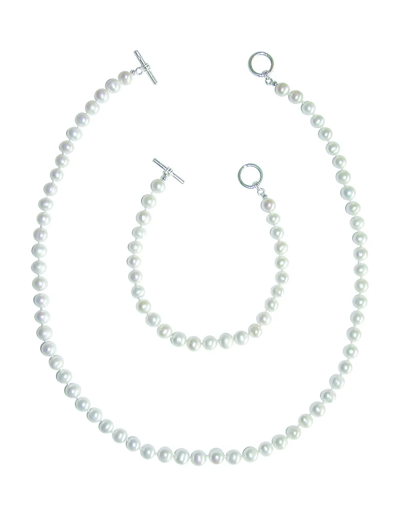 Perlenkette u. Armband – Verschluß silber, Collier: 42 cm, Armband:17 cm, aus Süßwasser-Zuchtperlen