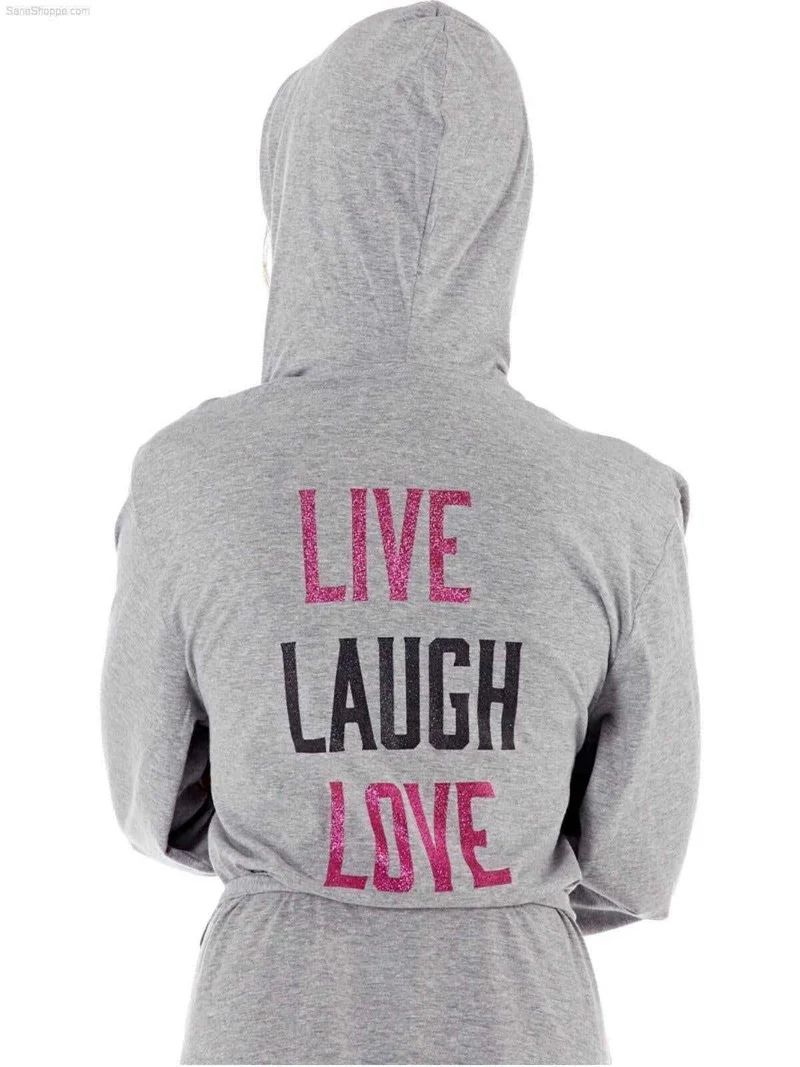 Damen-Jersey-Bademantel mit Kapuze und „Live Laugh Love“-Aufdruck auf der Rückseite