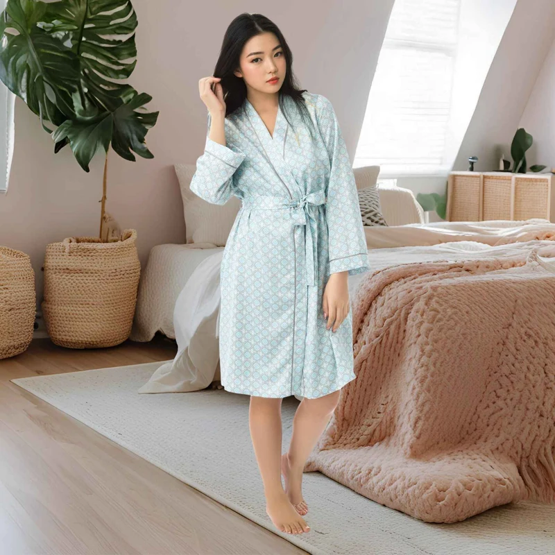 Damen-Morgenmantel, Satin-Kimono-Bademantel, Nachtwäsche, Aqua und Koralle