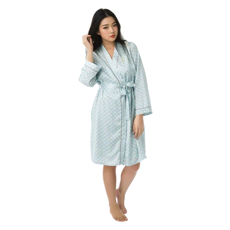Damen-Morgenmantel, Satin-Kimono-Bademantel, Nachtwäsche, Aqua und Koralle