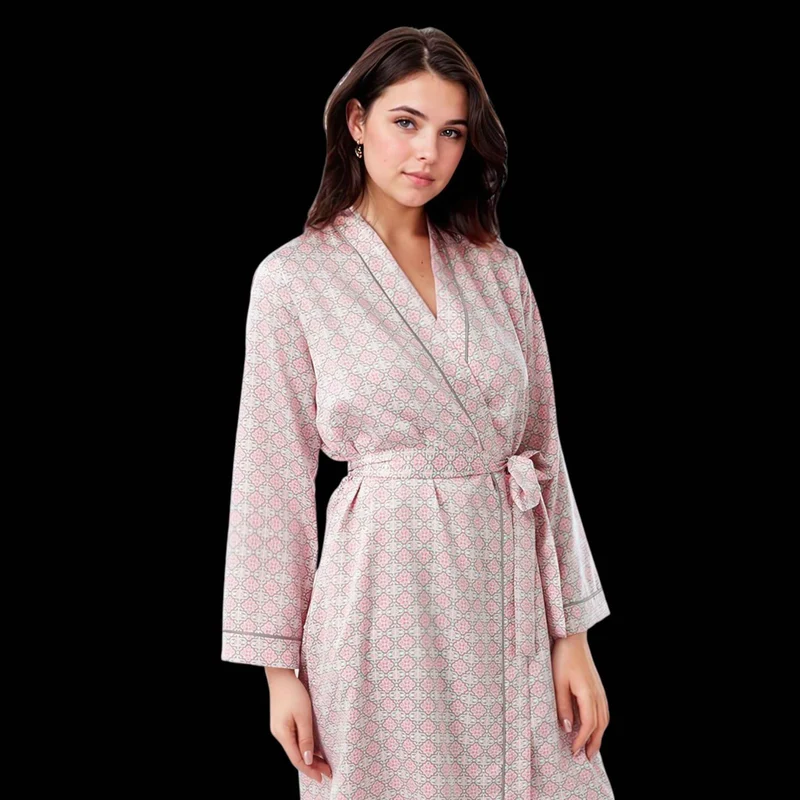 Damen-Morgenmantel, Satin-Kimono-Bademantel, Nachtwäsche, Aqua und Koralle