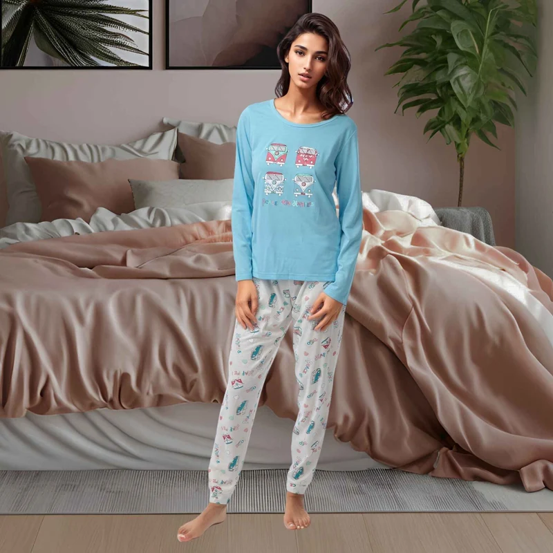 Damen-Langarmpyjama, Loungewear, Nachtwäsche in Blau und Koralle
