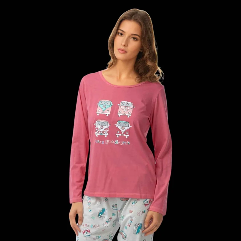 Damen-Langarmpyjama, Loungewear, Nachtwäsche in Blau und Koralle