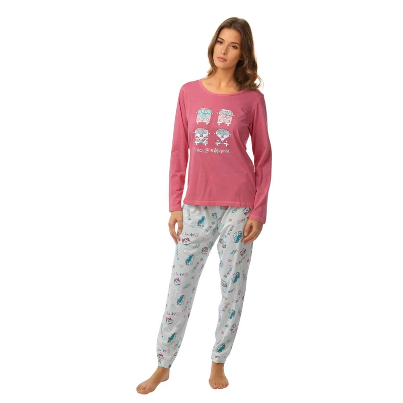 Damen-Langarmpyjama, Loungewear, Nachtwäsche in Blau und Koralle