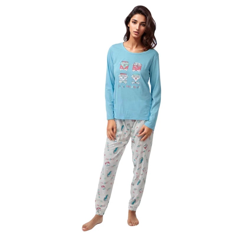 Damen-Langarmpyjama, Loungewear, Nachtwäsche in Blau und Koralle