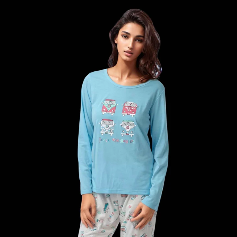 Damen-Langarmpyjama, Loungewear, Nachtwäsche in Blau und Koralle