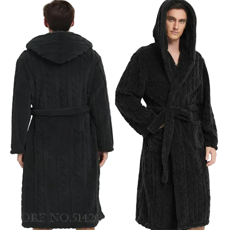 Jacquard-Flanell-Bademantel mit Kapuze für Herren - Plüschiger Korallenfleece-Bademantel