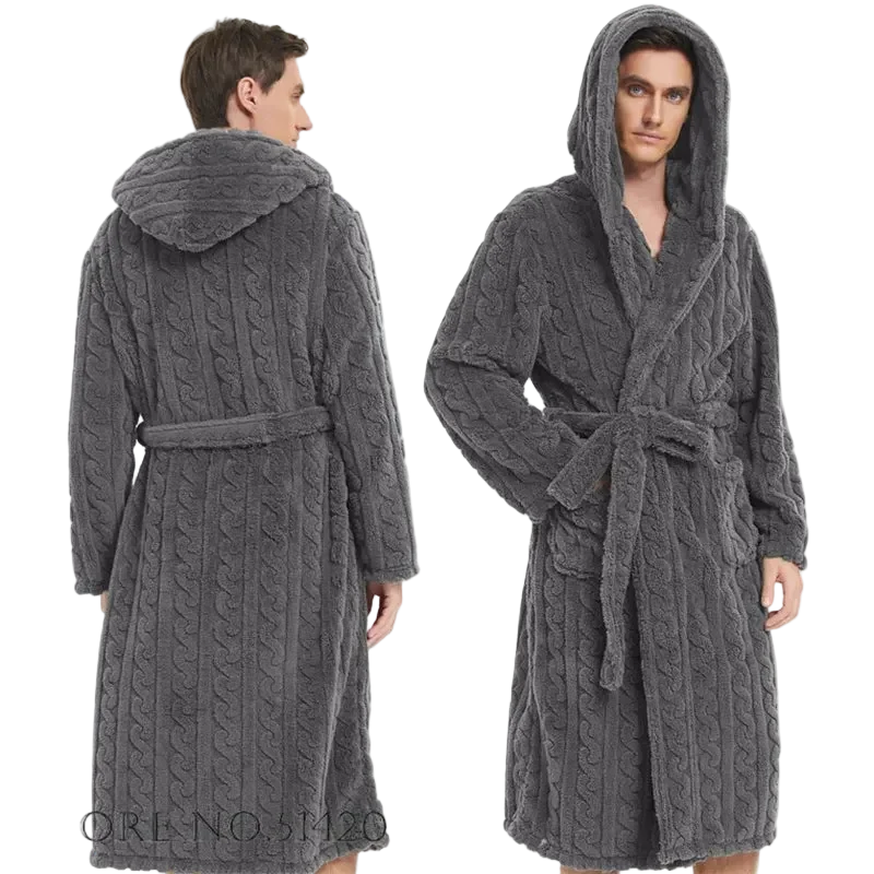 Jacquard-Flanell-Bademantel mit Kapuze für Herren - Plüschiger Korallenfleece-Bademantel