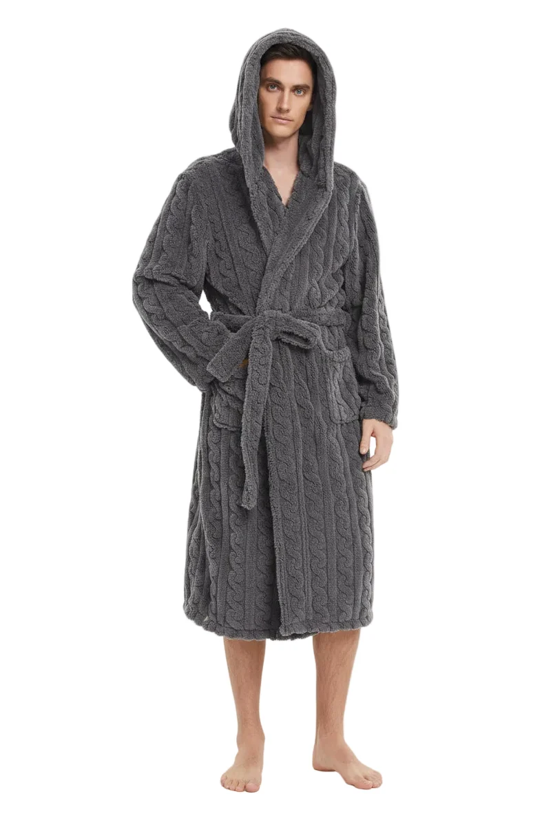 Jacquard-Flanell-Bademantel mit Kapuze für Herren - Plüschiger Korallenfleece-Bademantel