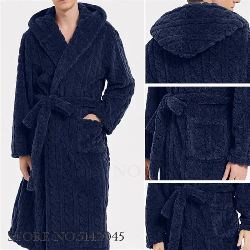 Jacquard-Flanell-Bademantel mit Kapuze für Herren - Plüschiger Korallenfleece-Bademantel