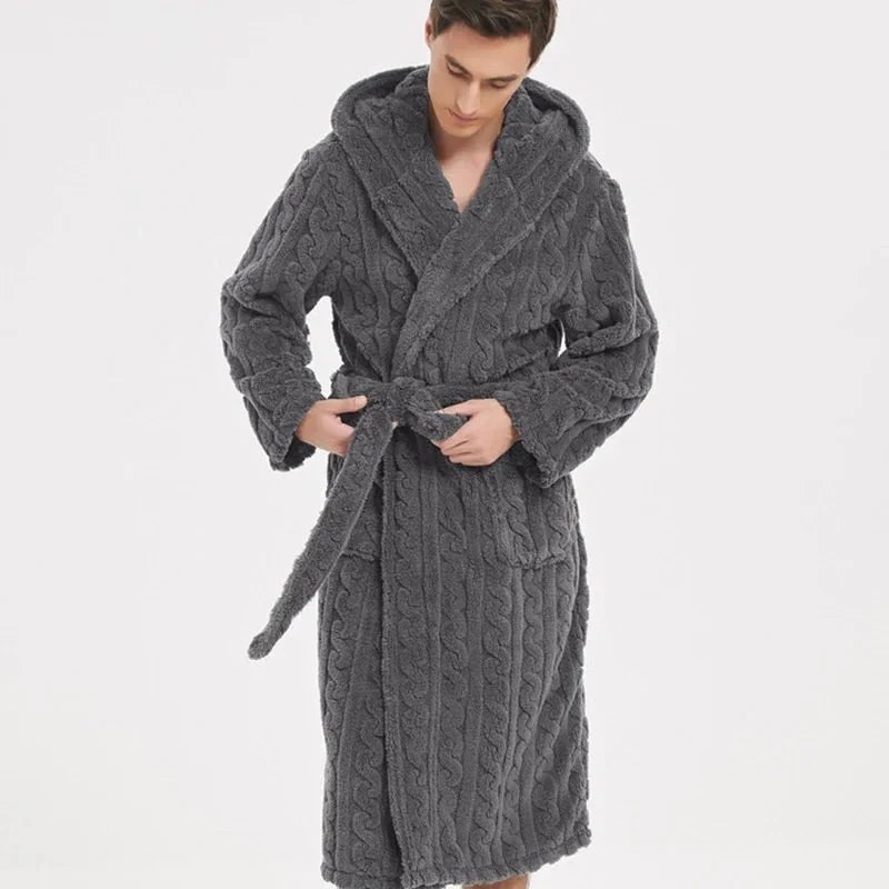 Jacquard-Flanell-Bademantel mit Kapuze für Herren - Plüschiger Korallenfleece-Bademantel