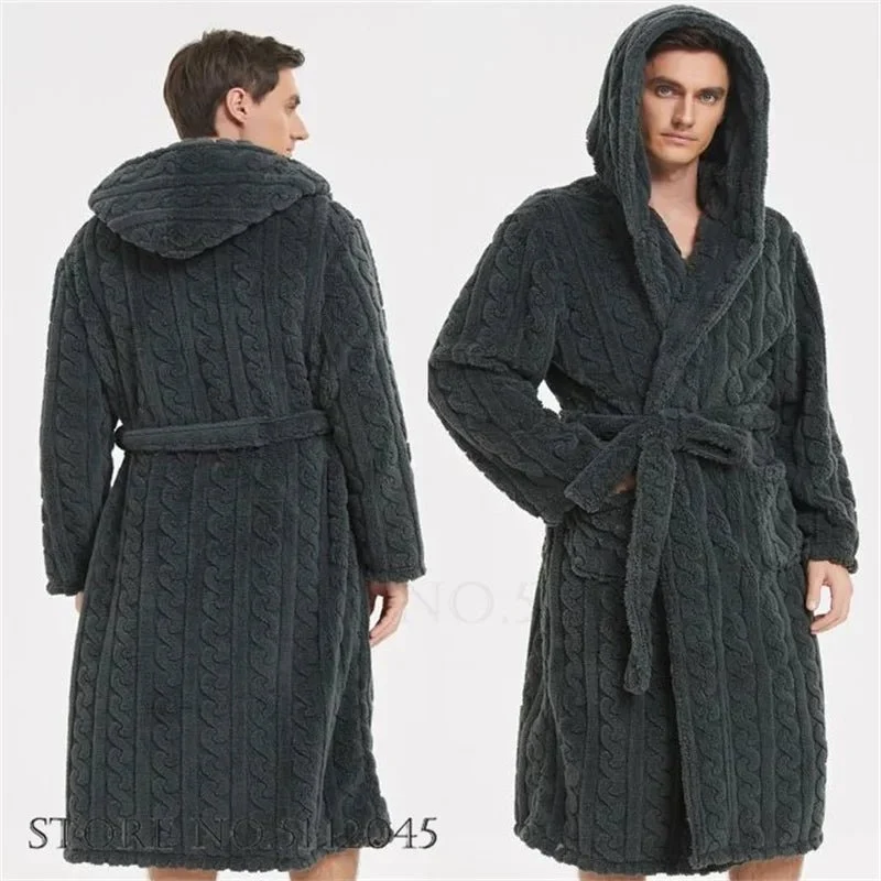 Jacquard-Flanell-Bademantel mit Kapuze für Herren - Plüschiger Korallenfleece-Bademantel