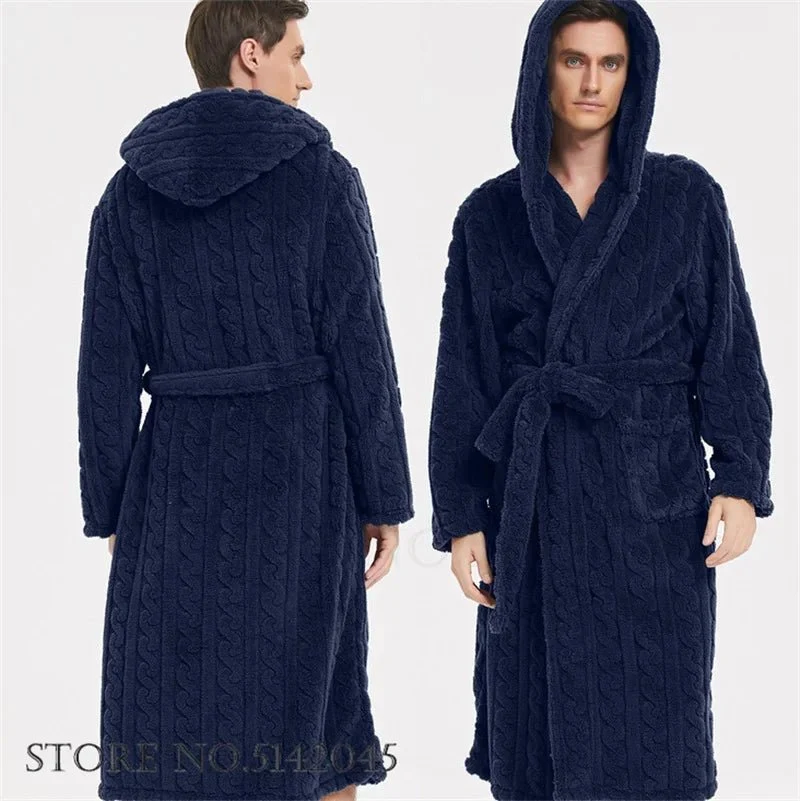 Jacquard-Flanell-Bademantel mit Kapuze für Herren - Plüschiger Korallenfleece-Bademantel