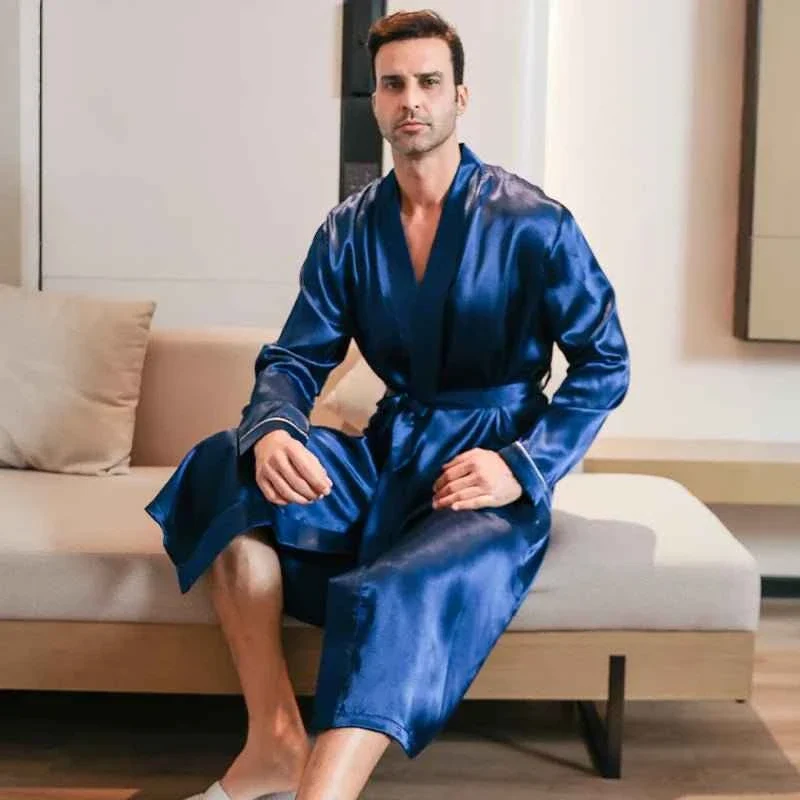 Dünne Seidenbademäntel für Herren, langärmelig, ideal für Frühling und Herbst – die perfekte Herrenpyjama-Kombination