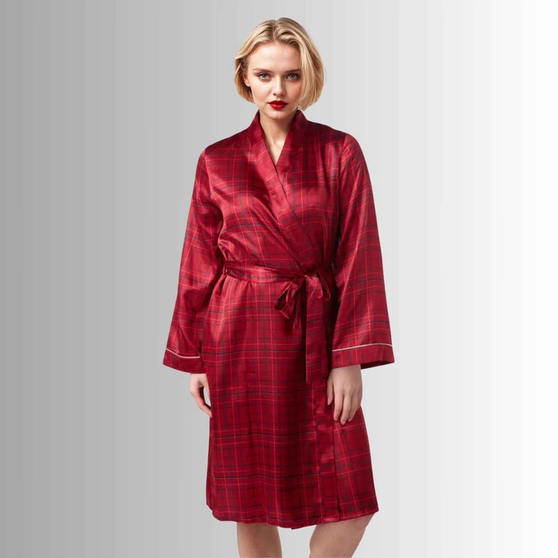 Damen-Kimono-Bademantel aus Satin im marineblau-roten Karomuster