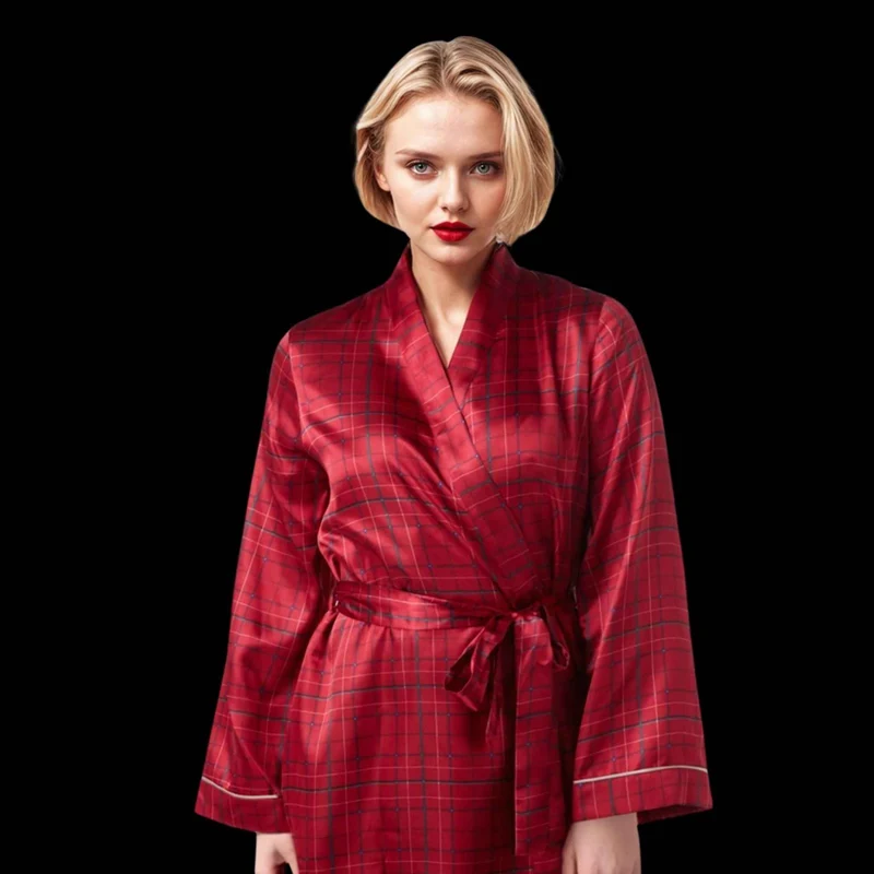 Damen-Kimono-Bademantel aus Satin im marineblau-roten Karomuster