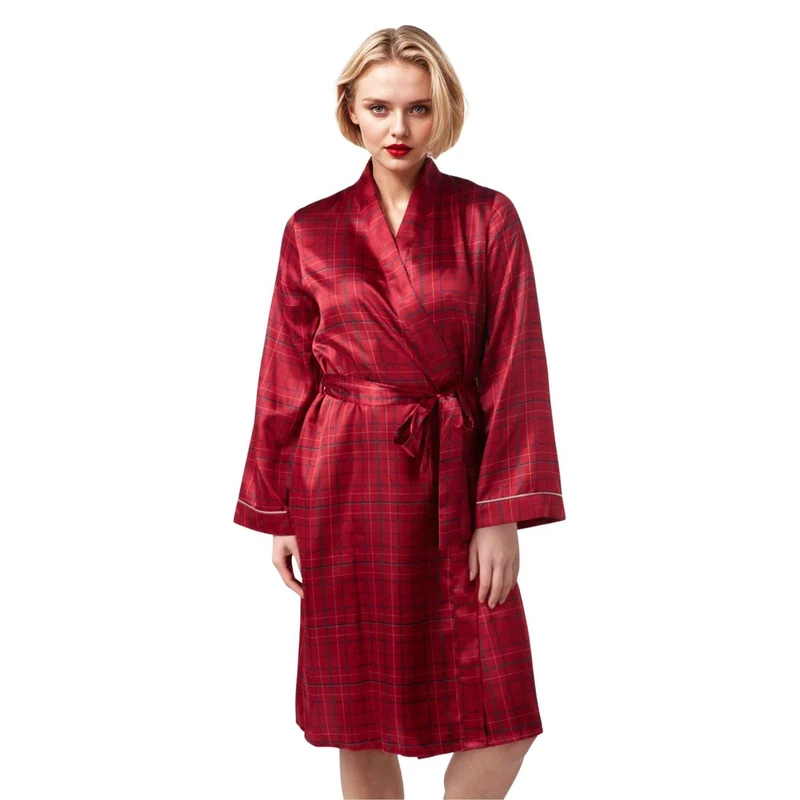 Damen-Kimono-Bademantel aus Satin im marineblau-roten Karomuster