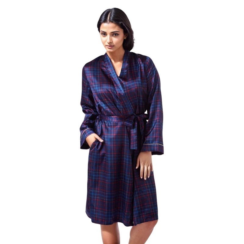 Damen-Kimono-Bademantel aus Satin im marineblau-roten Karomuster