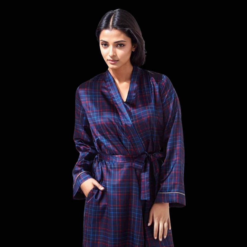 Damen-Kimono-Bademantel aus Satin im marineblau-roten Karomuster