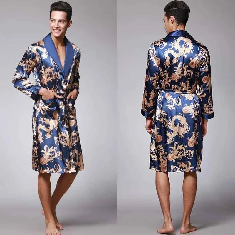Kimono-Bademantel aus Seidensatin für Herren mit goldenem Drachenmotiv, knielang
