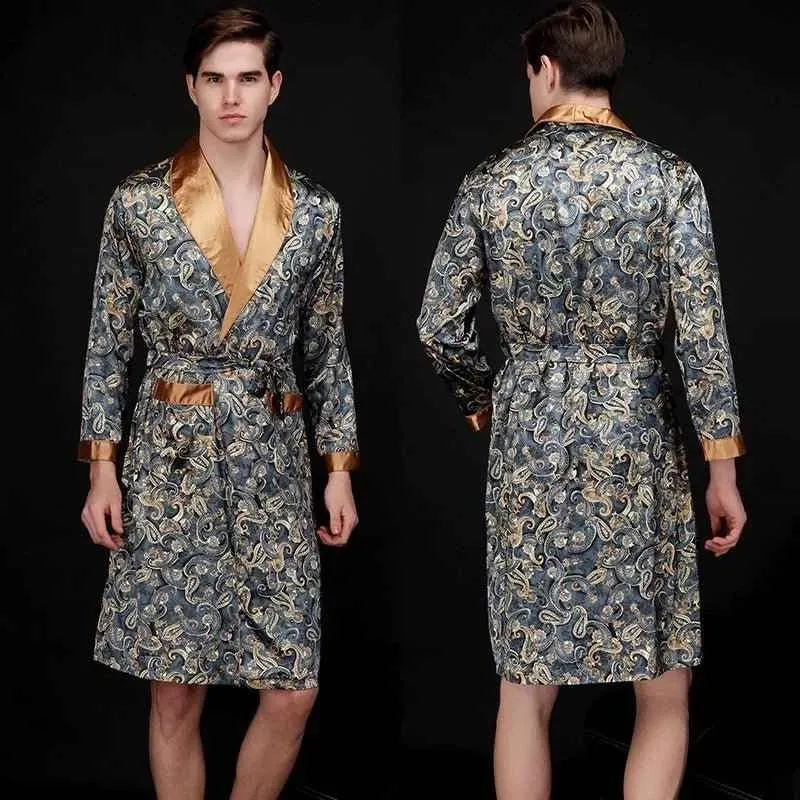 Kimono-Bademantel aus Seidensatin für Herren mit goldenem Drachenmotiv, knielang