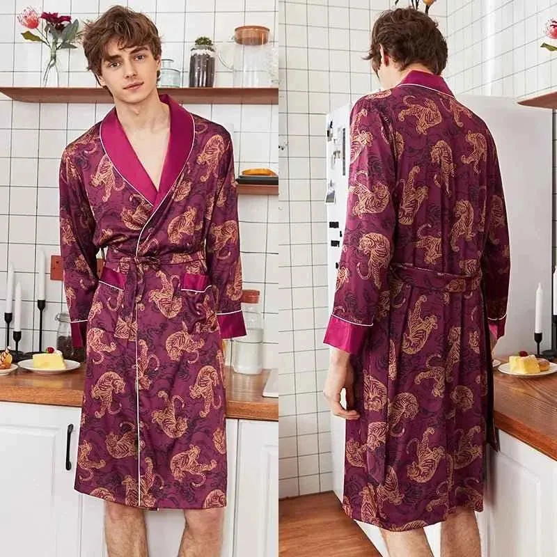 Kimono-Bademantel aus Seidensatin für Herren mit goldenem Drachenmotiv, knielang