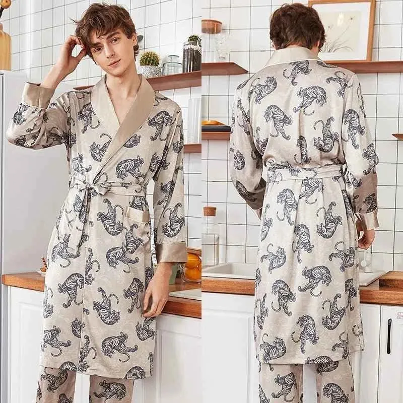 Kimono-Bademantel aus Seidensatin für Herren mit goldenem Drachenmotiv, knielang